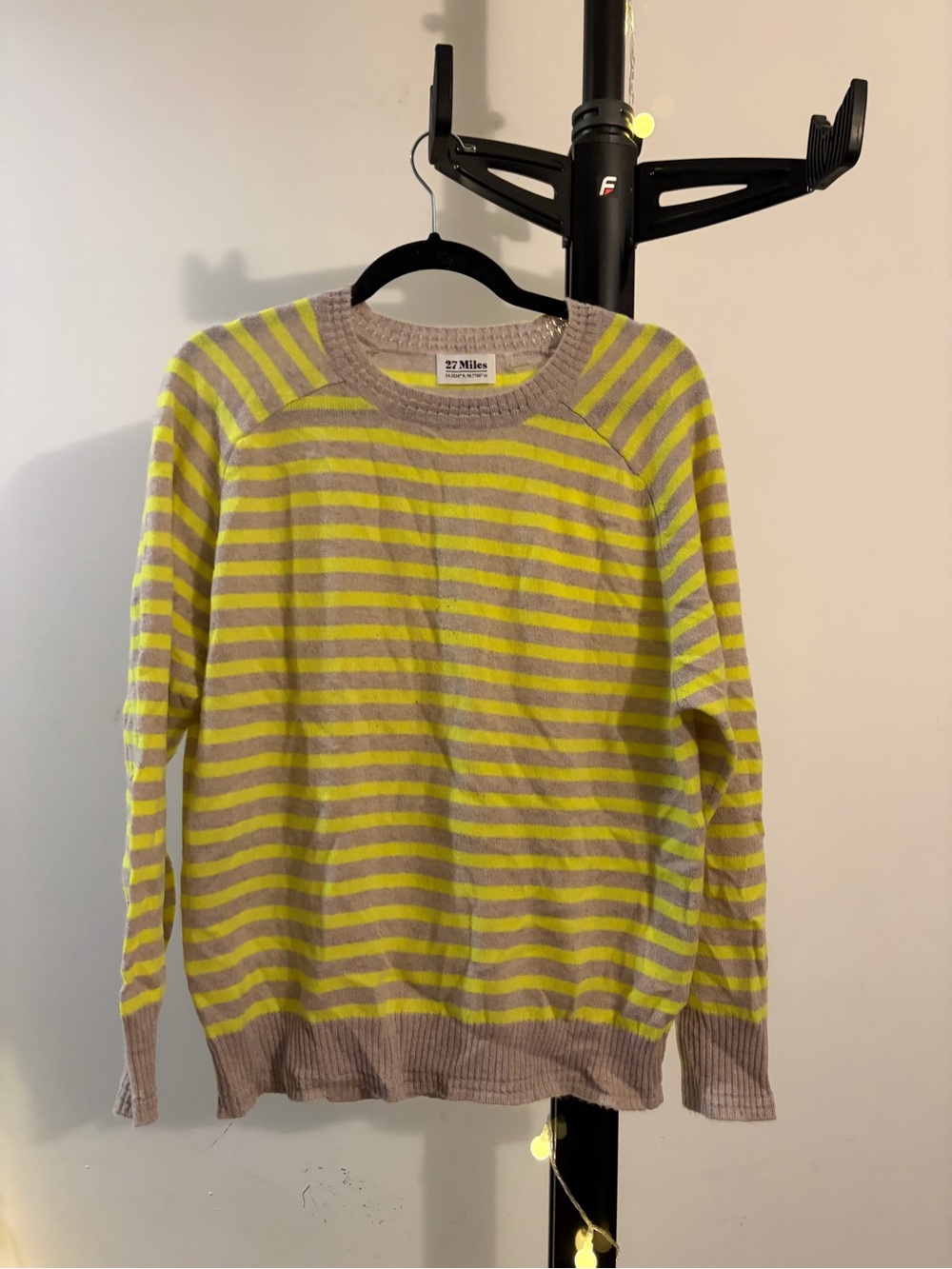 27 Miles Malibu Beige and Neon Yellow Striped Crewneck Sweater. 100% Cashmere
